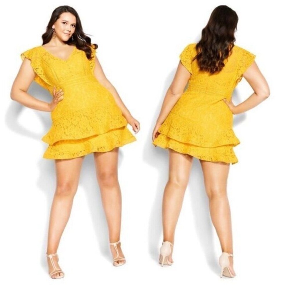 NEW City Chic Sienna plus size women Yellow Lace Ruffle Mini Dress size 20(L)